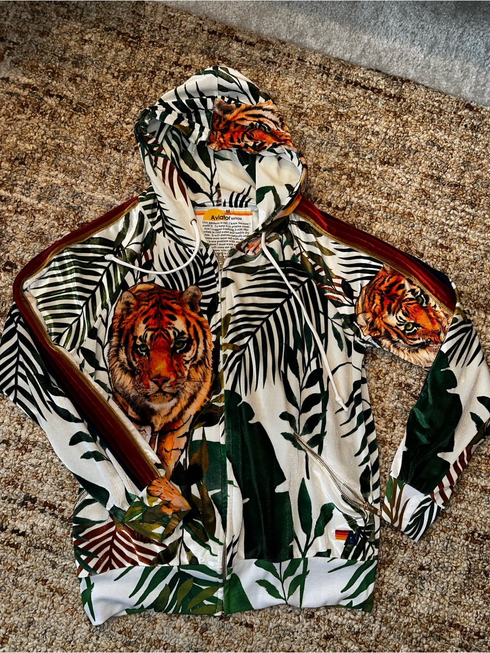 Rare Aviator Nation White Velour Hoodie Jacket with Tiger Jungle Print